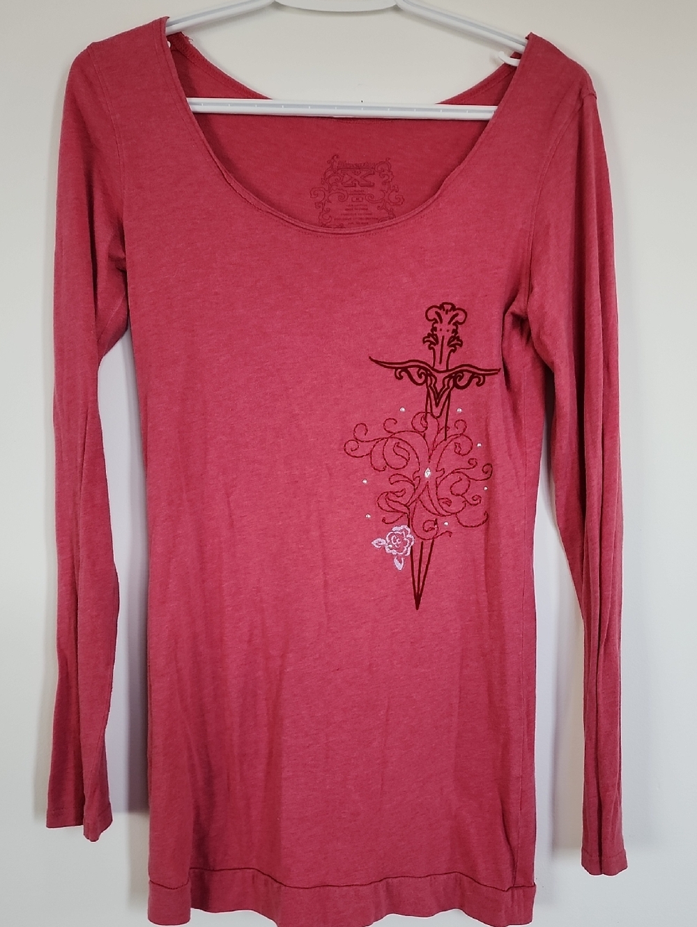 Women’s Long Sleeve Scoop Neck Tee in Rose with Ornate Cross Detail